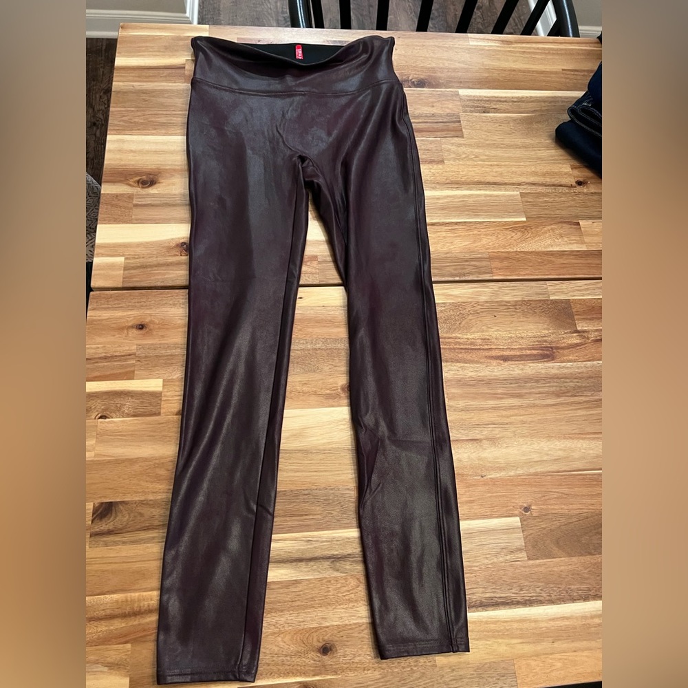 Spanx faux leather maroon leggings